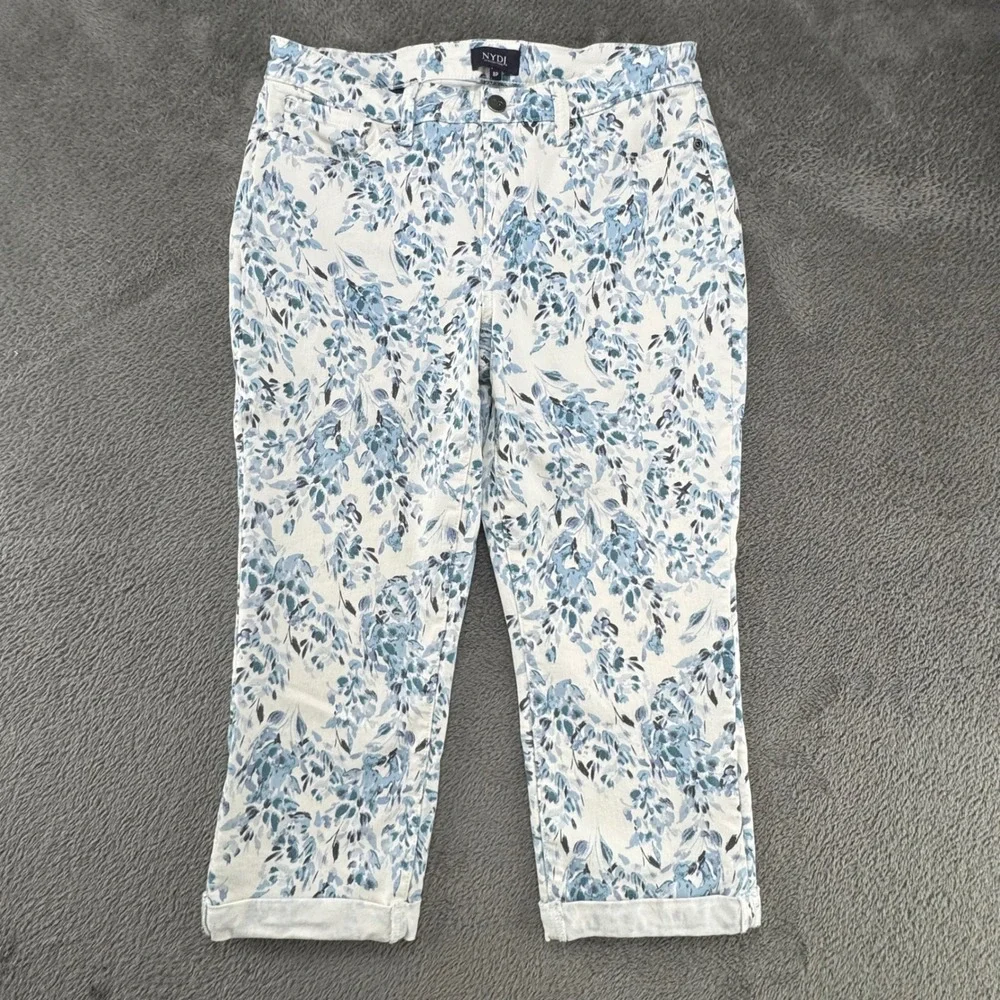 NYDJ Petite Floral Print Cropped Pants Size 8P‎ White Blue Slim Leg